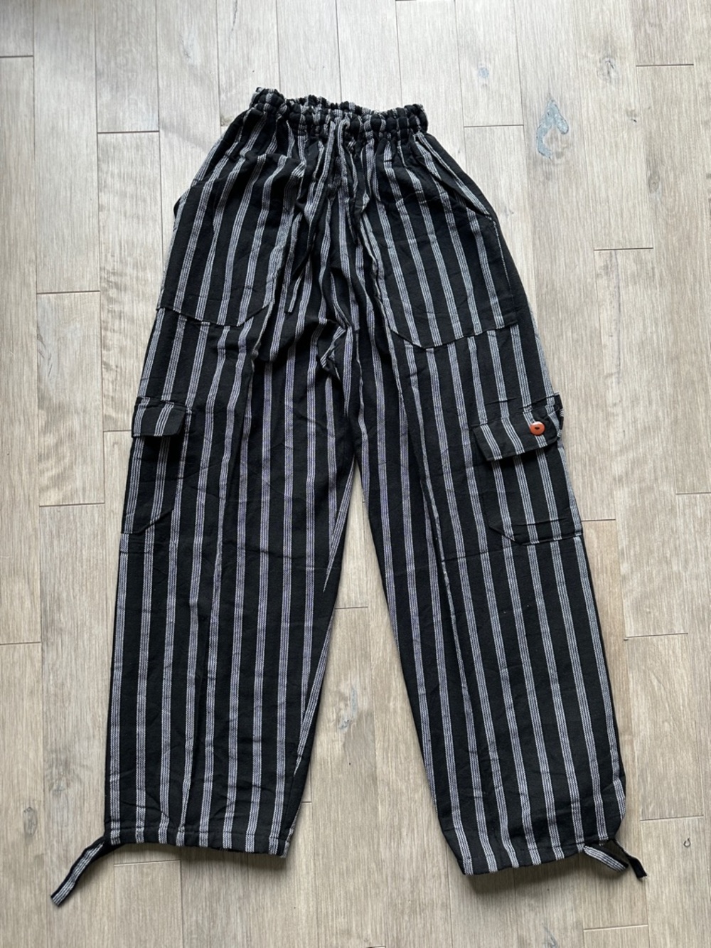 Peru/Ecuador Handmade Cotton Boho Black Gray Striped Unisex Joggers Pants Large - Picture 4 of 6